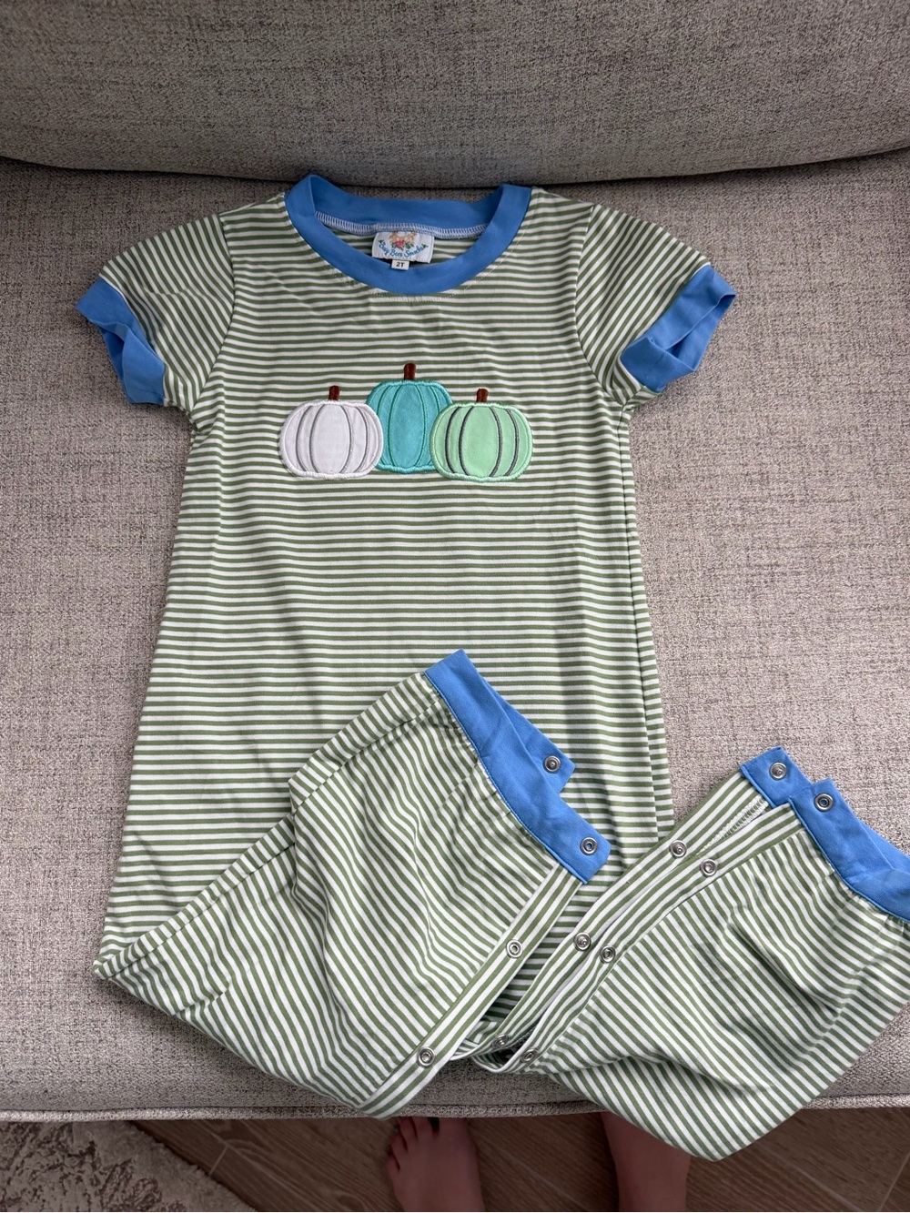 Blue-Trim Green Striped Kids One-Piece Pajama with Pumpkin Appliqué